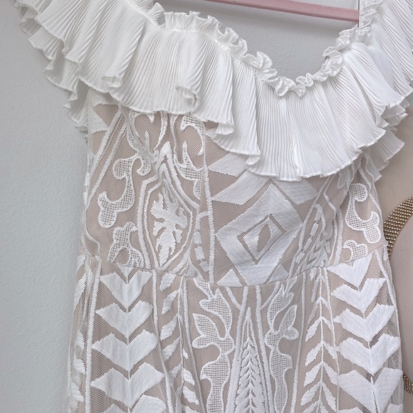 Saints + Secrets White and nude lace off the shoulder ruffle dress. - Picture 3 of 6